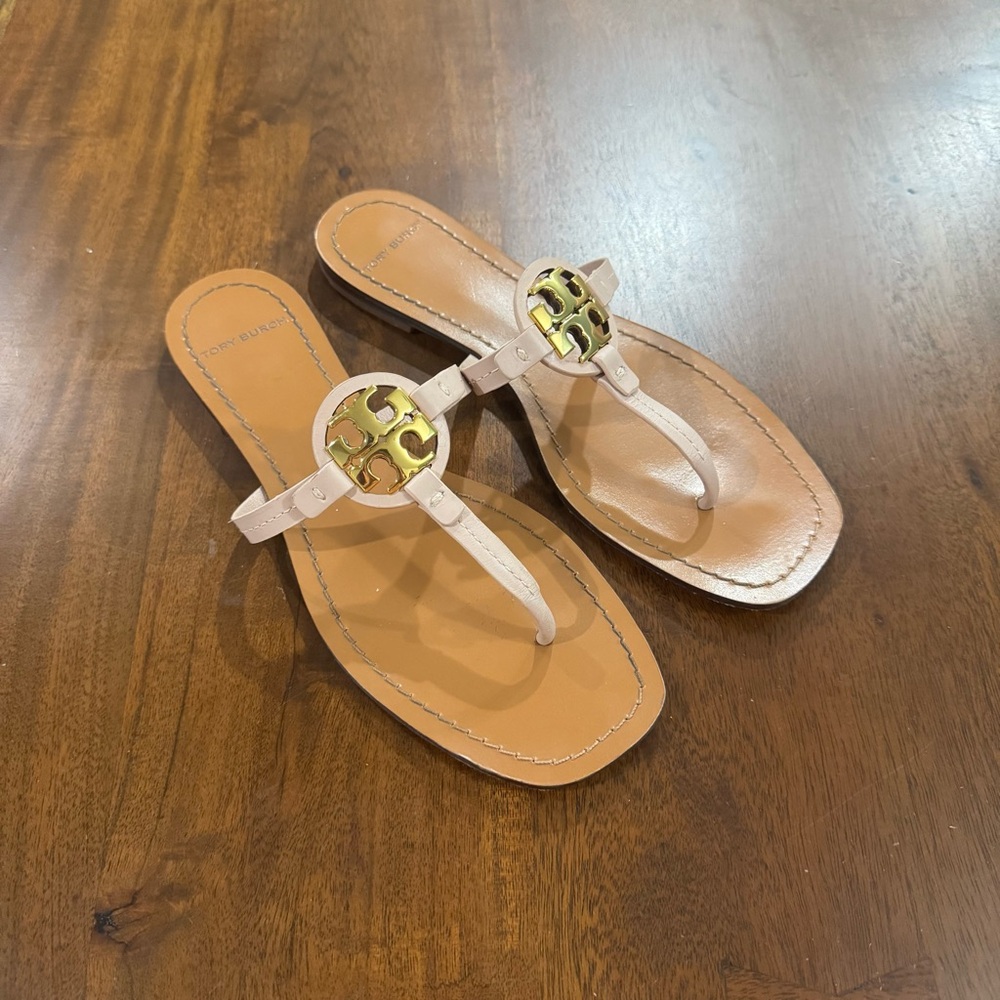 Tory Burch Mini Miller Square Toe Leather Logo Sandals Size 7.5
